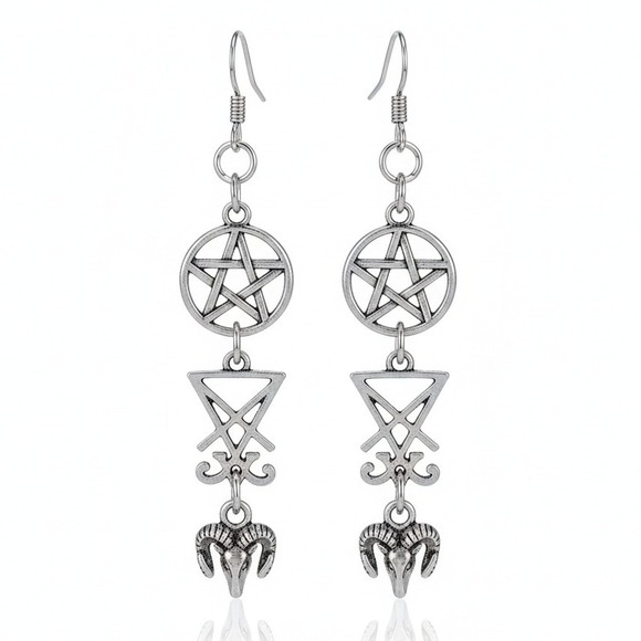 Gothic Pentagram Sigil Ram Skull Dangle Earrings Silver Tone Witchy - Picture 1 of 1